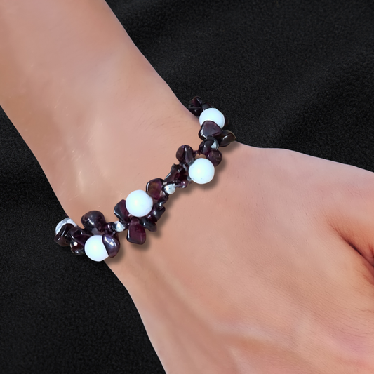 Bracelet tissé en Howlite et Grenat