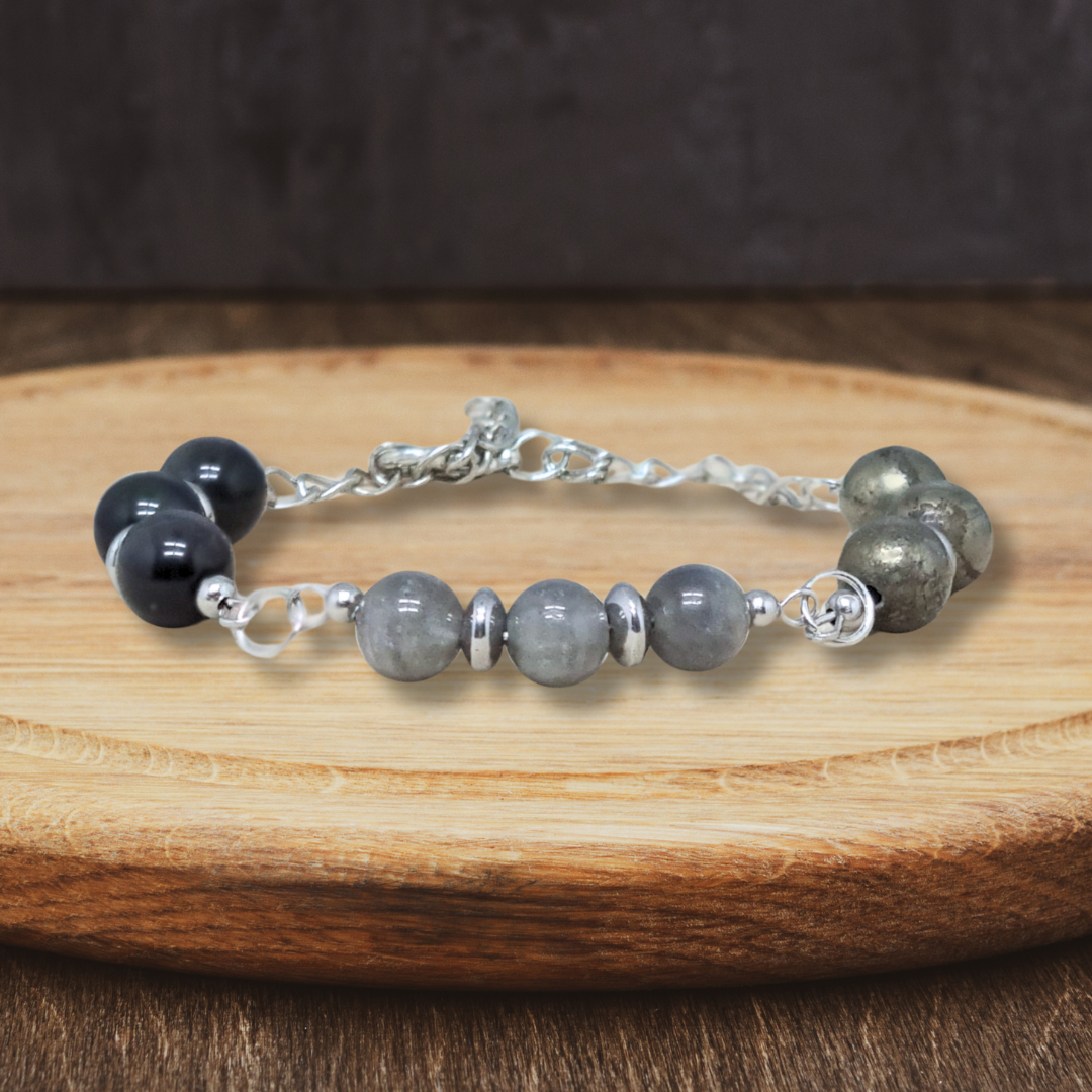 Bracelet en perles de Labradorite, Obsidienne Œil céleste et Pyrite - ENAE Minéraux