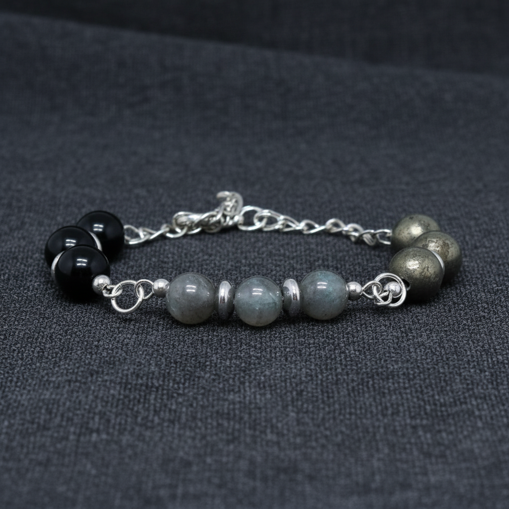 Bracelet en perles de Labradorite, Obsidienne Œil céleste et Pyrite - ENAE Minéraux