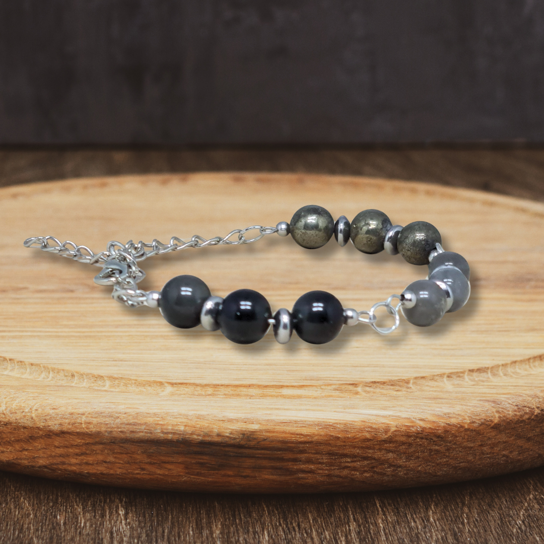 Bracelet en perles de Labradorite, Obsidienne Œil céleste et Pyrite - ENAE Minéraux