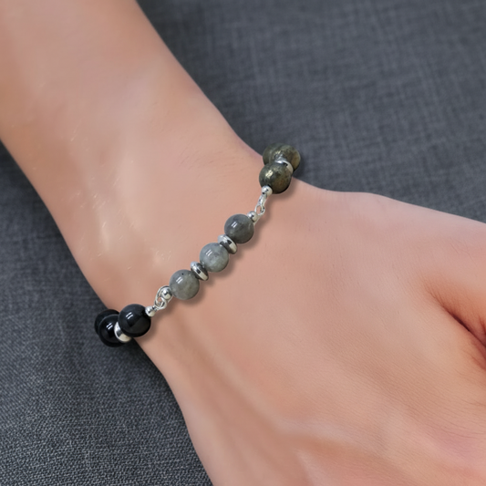 Bracelet en perles de Labradorite, Obsidienne Œil céleste et Pyrite