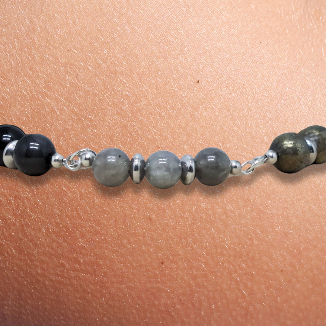 Bracelet en perles de Labradorite, Obsidienne Œil céleste et Pyrite - ENAE Minéraux