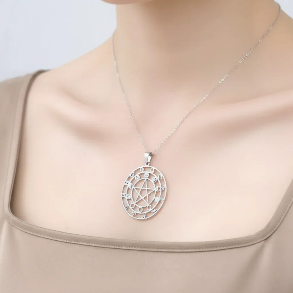 Pendentif Pentacle, Lune et astrologie en acier inoxydable