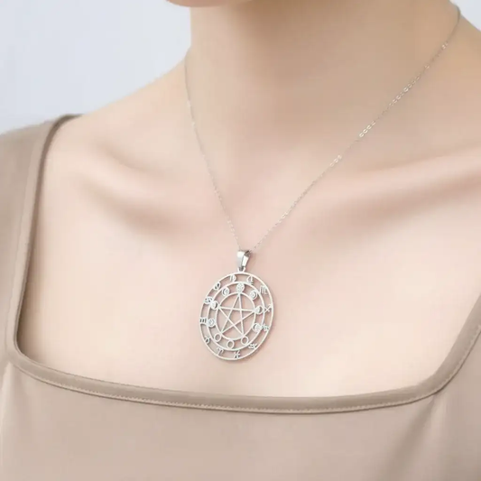 Pendentif Pentacle, Lune et astrologie en acier inoxydable