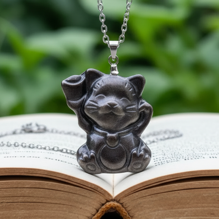 Pendentif Chat porte-bonheur en Obsidienne argentée