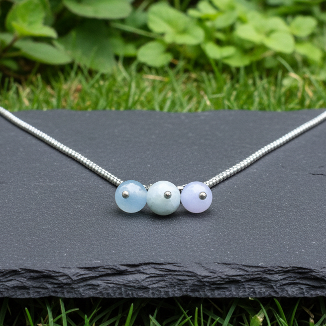 Collier 3 perles : Aigue-Marine, Célestine bleue, Agate bleue