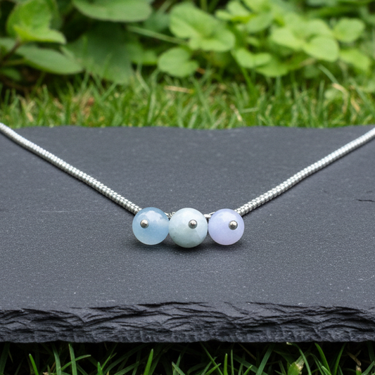 Collier 3 perles : Aigue-Marine, Célestine bleue, Agate bleue