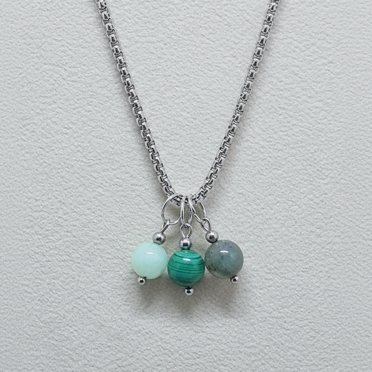 Collier 3 perles : Chrysoprase, Malachite, Agate mousse