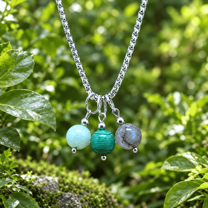 Collier 3 perles : Chrysoprase, Malachite, Agate mousse