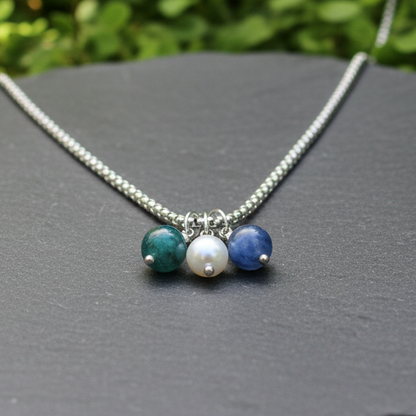 Collier 3 perles : Apatite bleue, Labradorite et Cyanite bleue