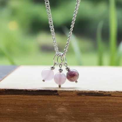 Collier 3 perles : Quartz rose, Kunzite et Tourmaline rose