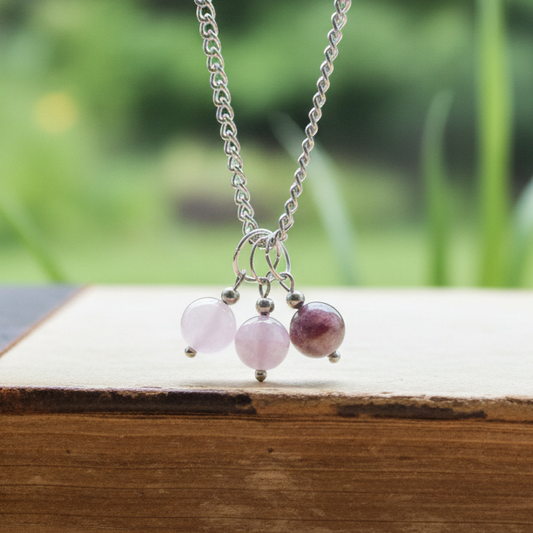 Collier 3 perles : Quartz rose, Kunzite et Tourmaline rose