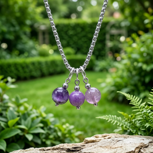 Collier 3 perles : Améthyste, Phosphosidérite et Lépidolite