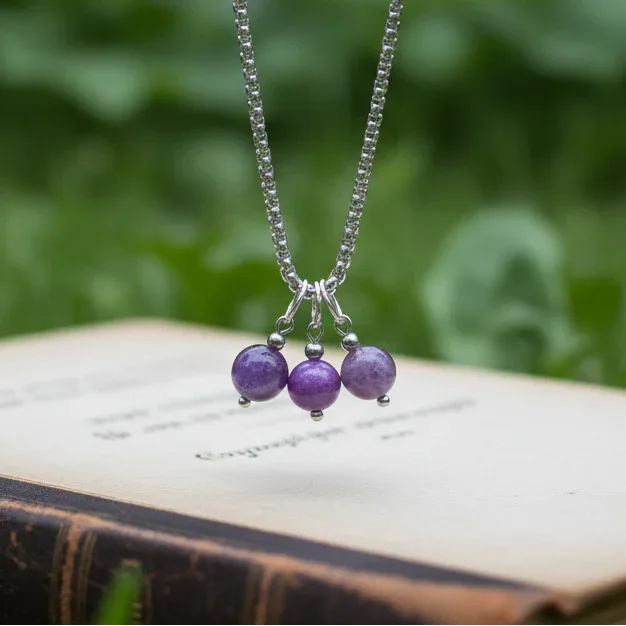 Collier 3 perles : Améthyste, Phosphosidérite et Lépidolite - ENAE Minéraux