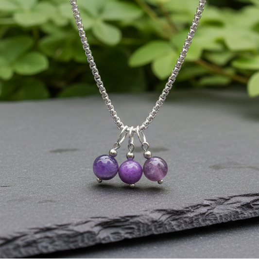 Collier 3 perles : Améthyste, Phosphosidérite et Lépidolite