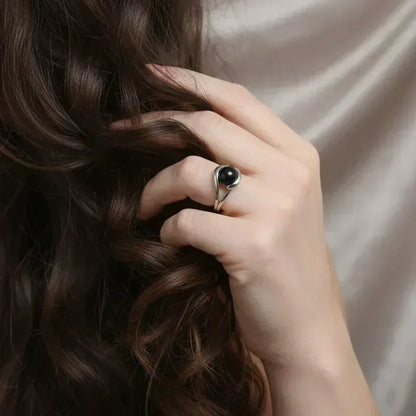 Bague réglable en Obsidienne noire et acier inoxydable (BAG91)