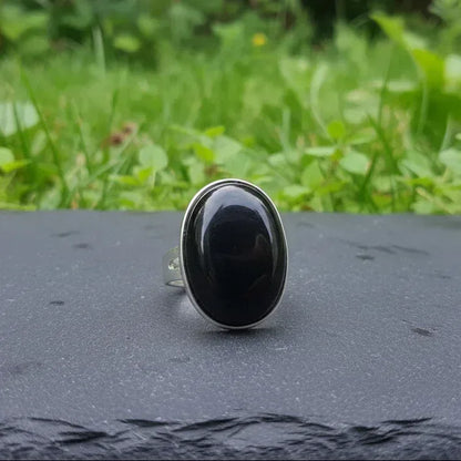 Bague réglable en Obsidienne noire et cuivre (BAG90)