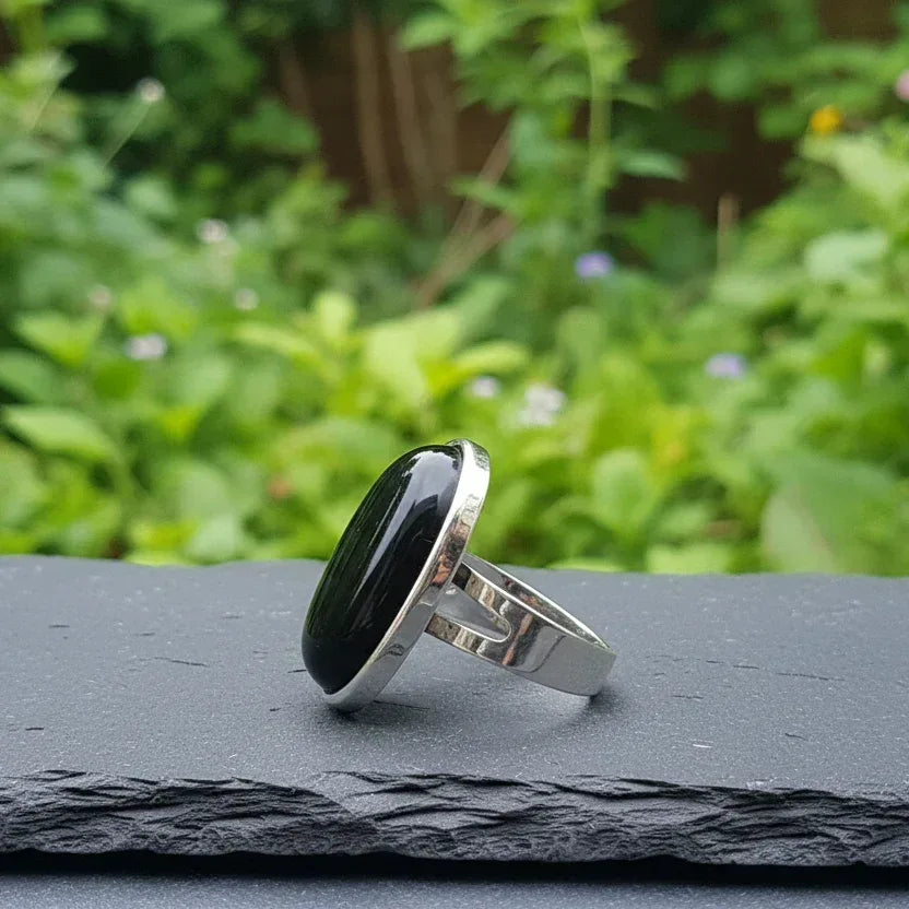 Bague réglable en Obsidienne noire et cuivre (BAG90)