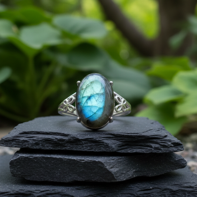 Bague réglable en Labradorite et cuivre (BAG92)
