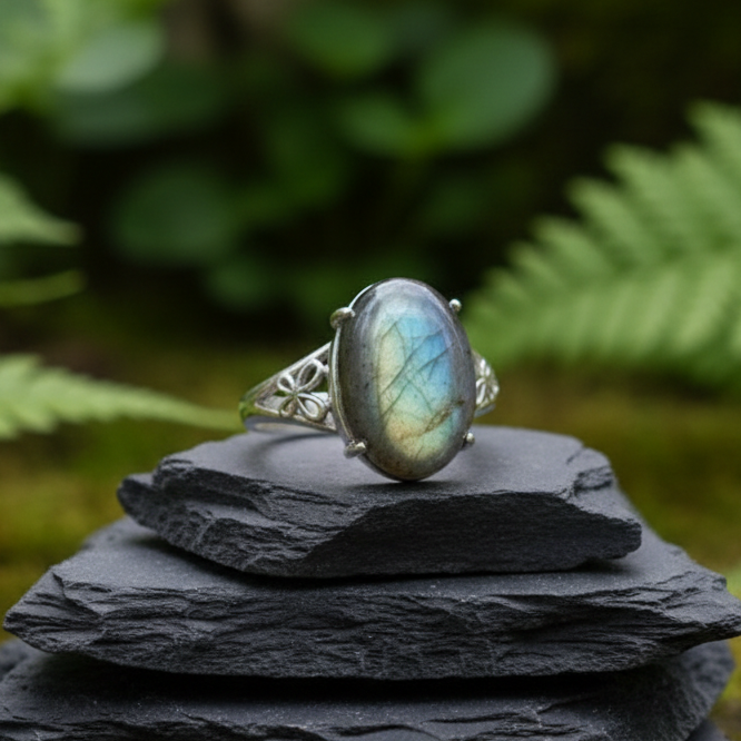 Bague réglable en Labradorite et cuivre (BAG92)