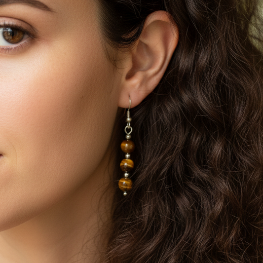 Boucles d'oreilles 3 perles en Œil de Tigre (BO249)