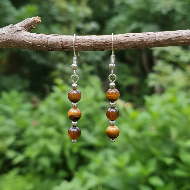Boucles d'oreilles 3 perles en Œil de Tigre (BO249)