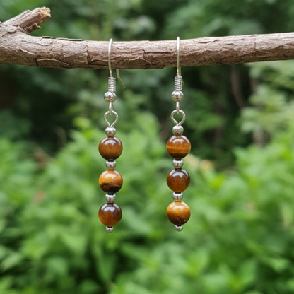 Boucles d'oreilles 3 perles en Œil de Tigre (BO249)