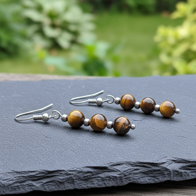 Boucles d'oreilles 3 perles en Œil de Tigre (BO249)