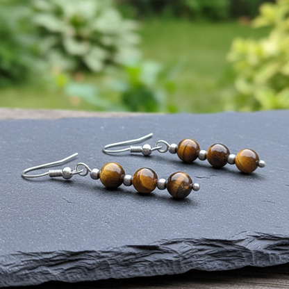 Boucles d'oreilles 3 perles en Œil de Tigre (BO249)