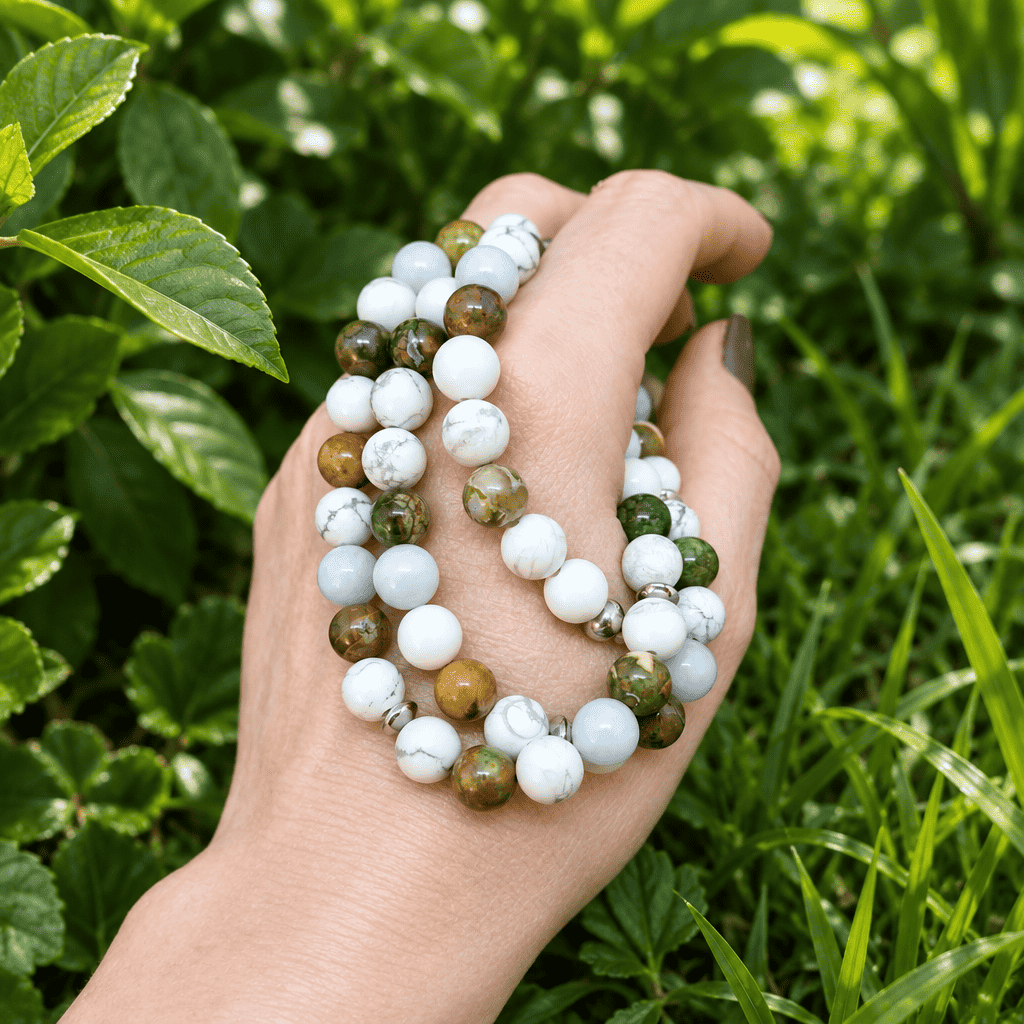 Bracelet triple tour et collier en Howlite, Rhyolite et Aigue - Marine (COLBR23 - 53)
