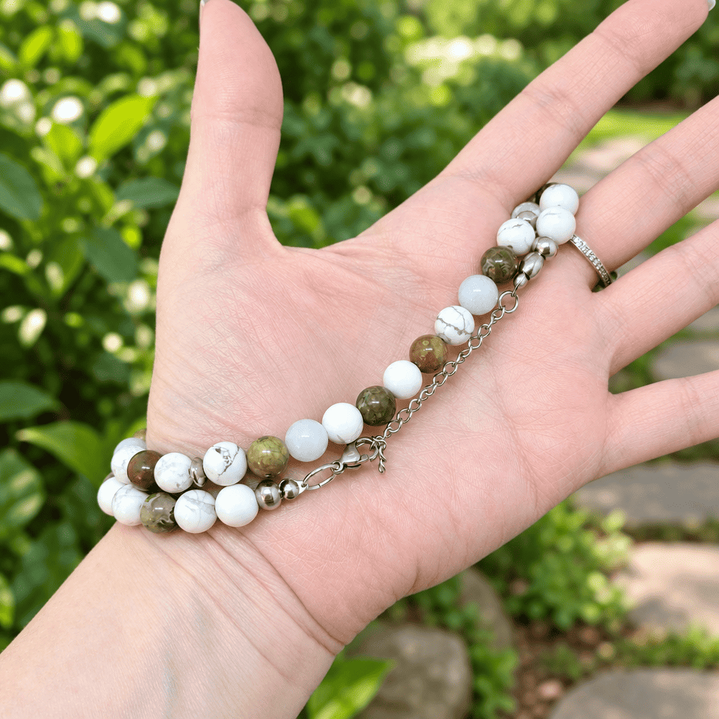 Bracelet triple tour et collier en Howlite, Rhyolite et Aigue - Marine (COLBR23 - 53)