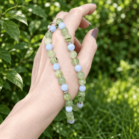 Bracelet triple tour et collier en Prehnite et Agate bleue (COLBR23 - 52)