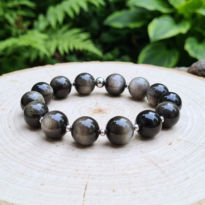 Bracelet en Obsidienne argentée 12mm