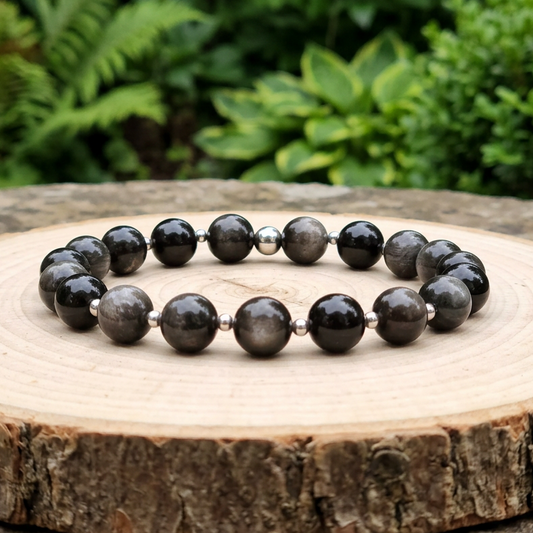 Bracelet en Obsidienne argentée 8mm - 15