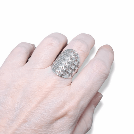 Bague réglable Fleur de Vie en acier inoxydable (BAGFDV) - ENAE Minéraux