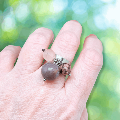 Bague réglable en Agate indienne, Rhodonite et Quartz rose (BAGA3P)