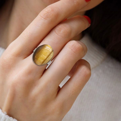 Bague réglable en Œil de Tigre et acier inoxydable (BAGA76)