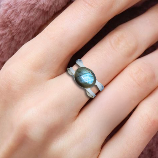 Bague réglable en Labradorite et acier inoxydable (BAGA75)