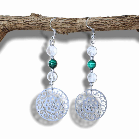 Boucles d'oreilles en perles de Malachite et Cristal de Roche (BO213)
