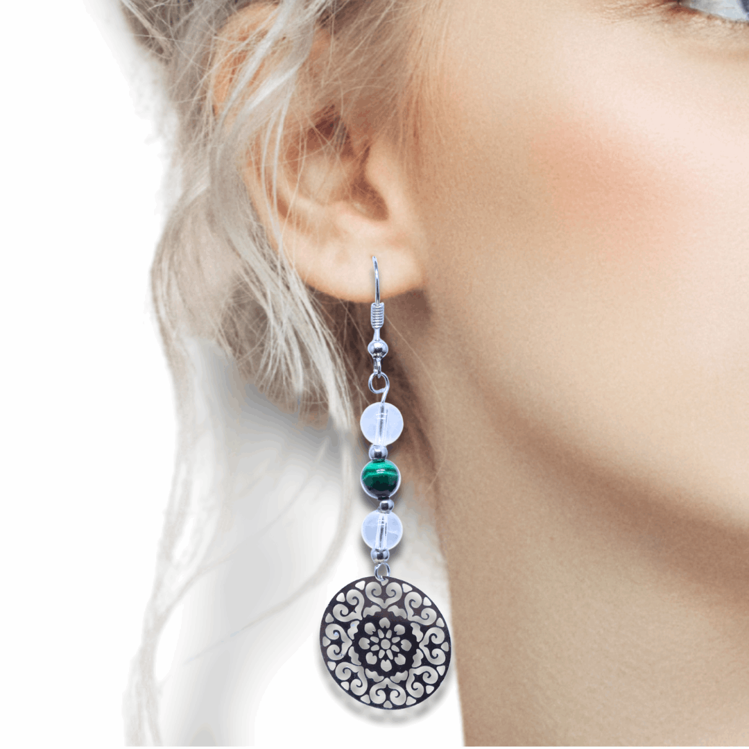 Boucles d'oreilles en perles de Malachite et Cristal de Roche (BO213)