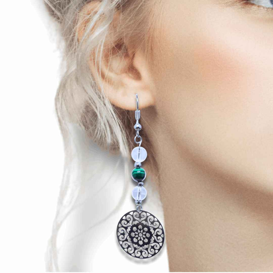 Boucles d'oreilles en perles de Malachite et Cristal de Roche (BO213)
