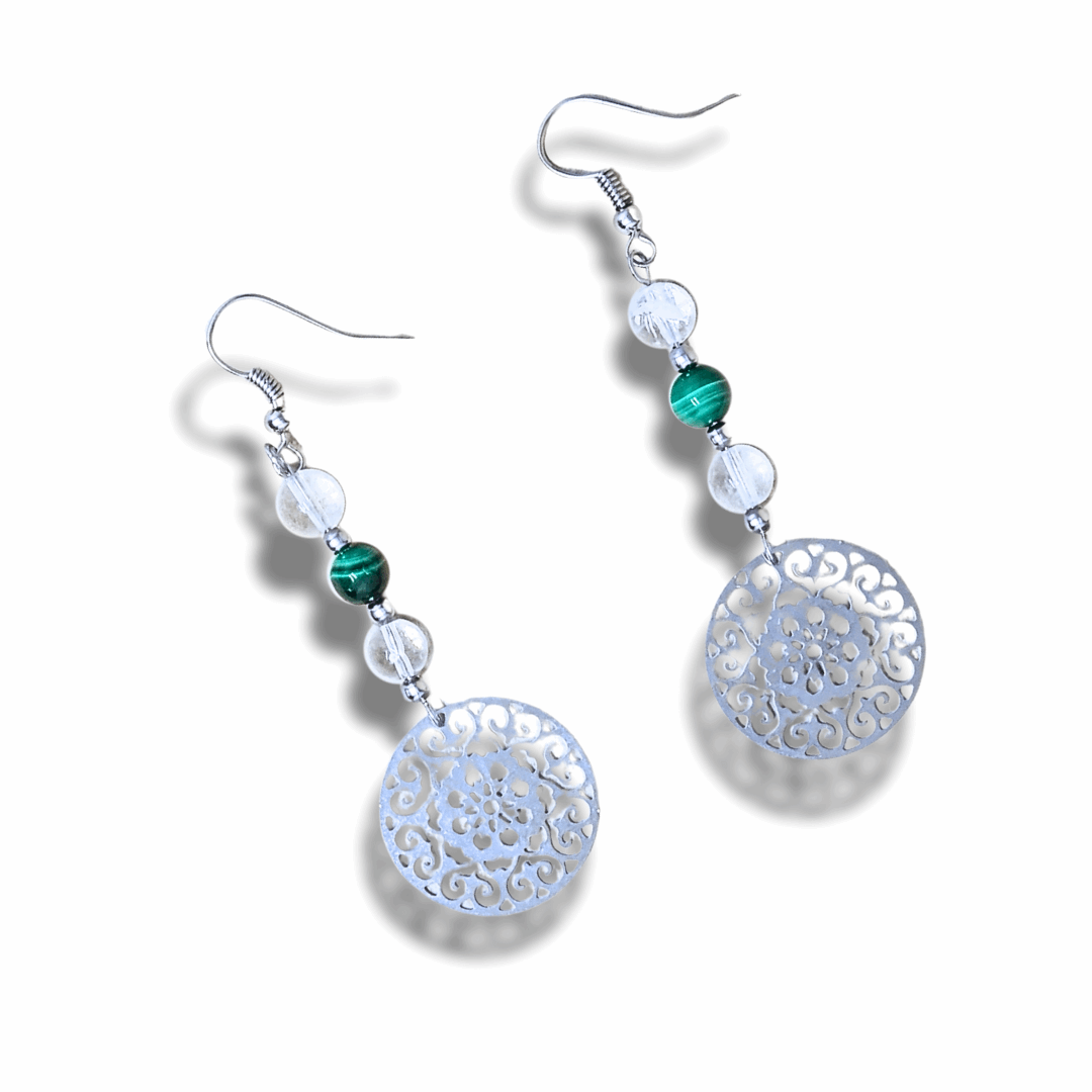 Boucles d'oreilles en perles de Malachite et Cristal de Roche (BO213)