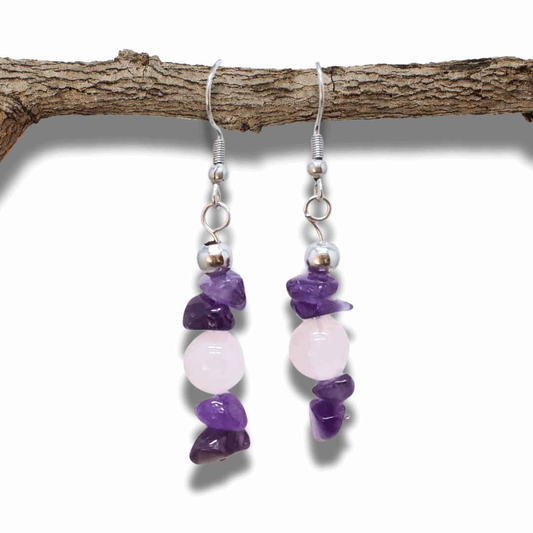 Boucles d'oreilles en Améthyste et Quartz rose (BO230) - ENAE Minéraux