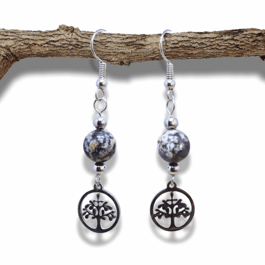 Boucles d'oreilles en Rhyolite Océan et Arbre de Vie (BO231) - ENAE Minéraux