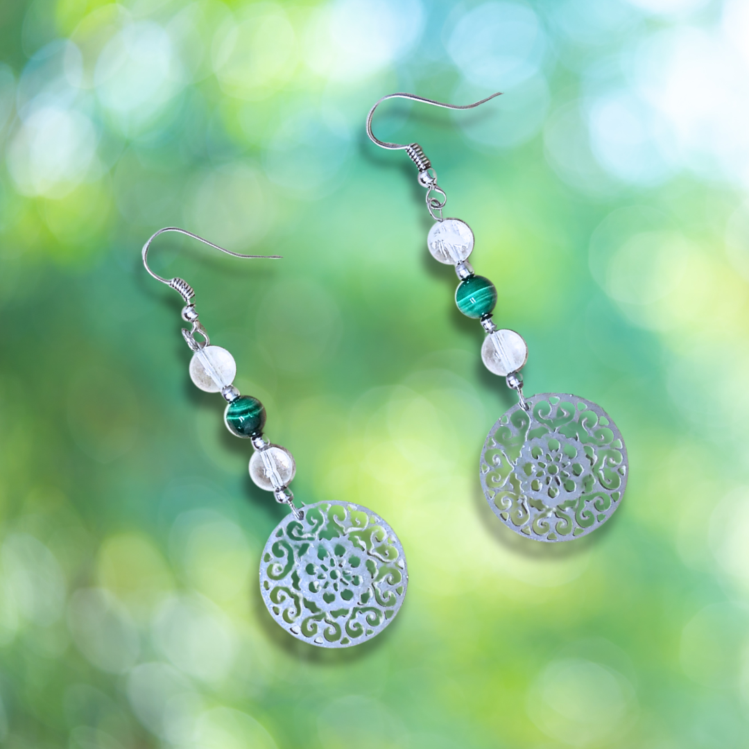 Boucles d'oreilles en perles de Malachite et Cristal de Roche (BO213)