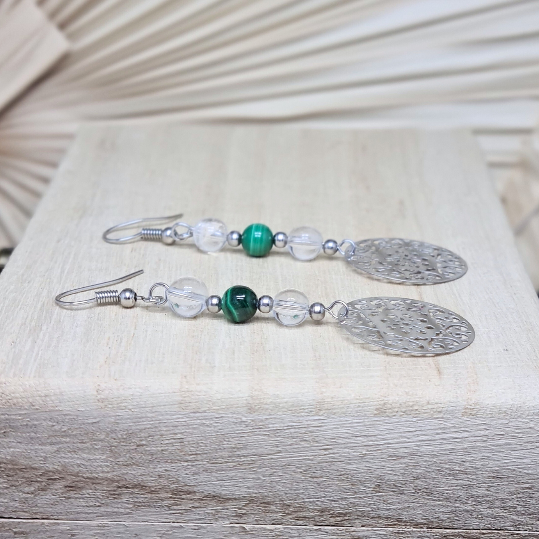 Boucles d'oreilles en perles de Malachite et Cristal de Roche (BO213)