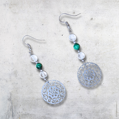 Boucles d'oreilles en perles de Malachite et Cristal de Roche (BO213) - ENAE Minéraux