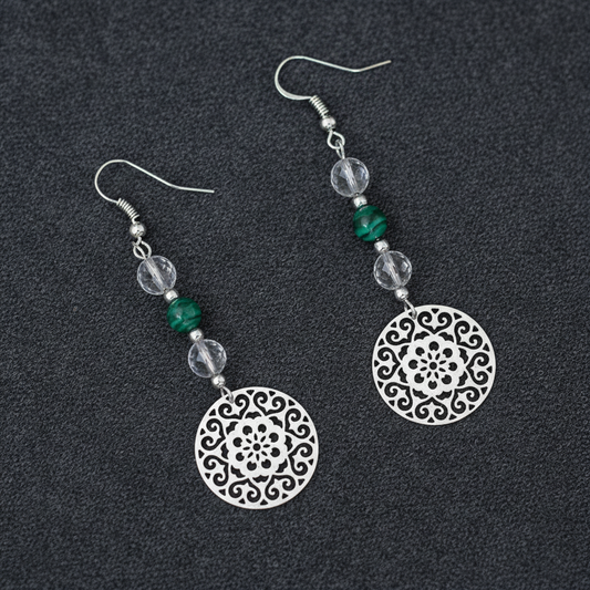Boucles d'oreilles en perles de Malachite et Cristal de Roche (BO213)