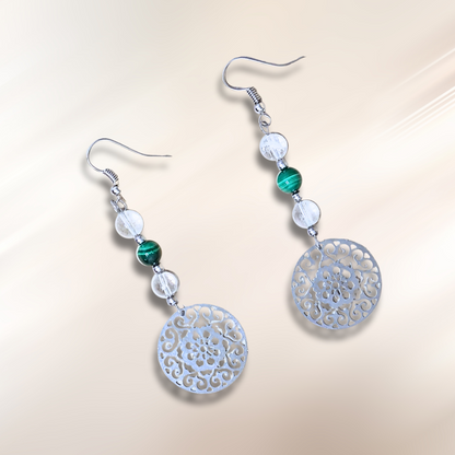 Boucles d'oreilles en perles de Malachite et Cristal de Roche (BO213)