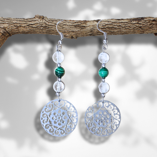 Boucles d'oreilles en perles de Malachite et Cristal de Roche (BO213) - ENAE Minéraux